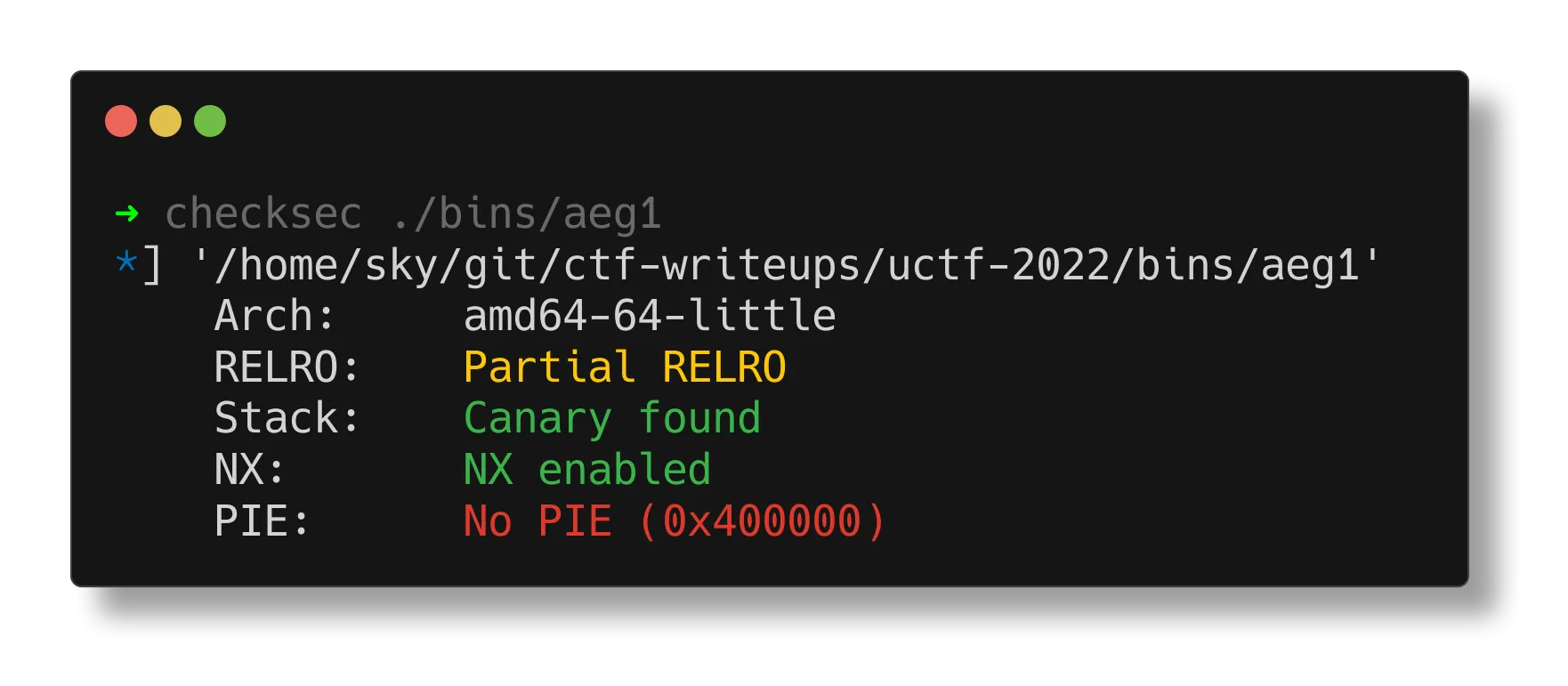 checksec of an aeg binary; no PIE