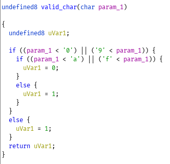 valid_char function, returns true if it is a valid char in a hex string
