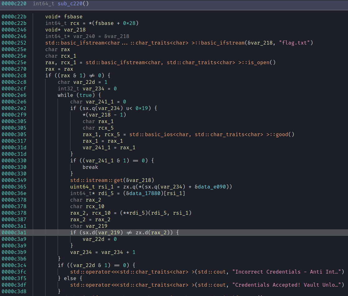 main function; reads a string from "flag.txt" and checks each char against another char derived from some gross vtable